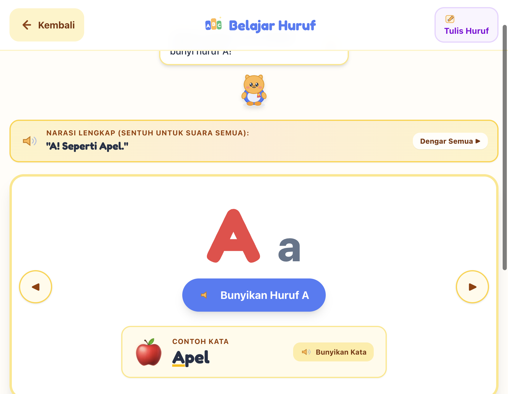 Halaman Belajar Huruf dengan contoh huruf A dan kata Apel