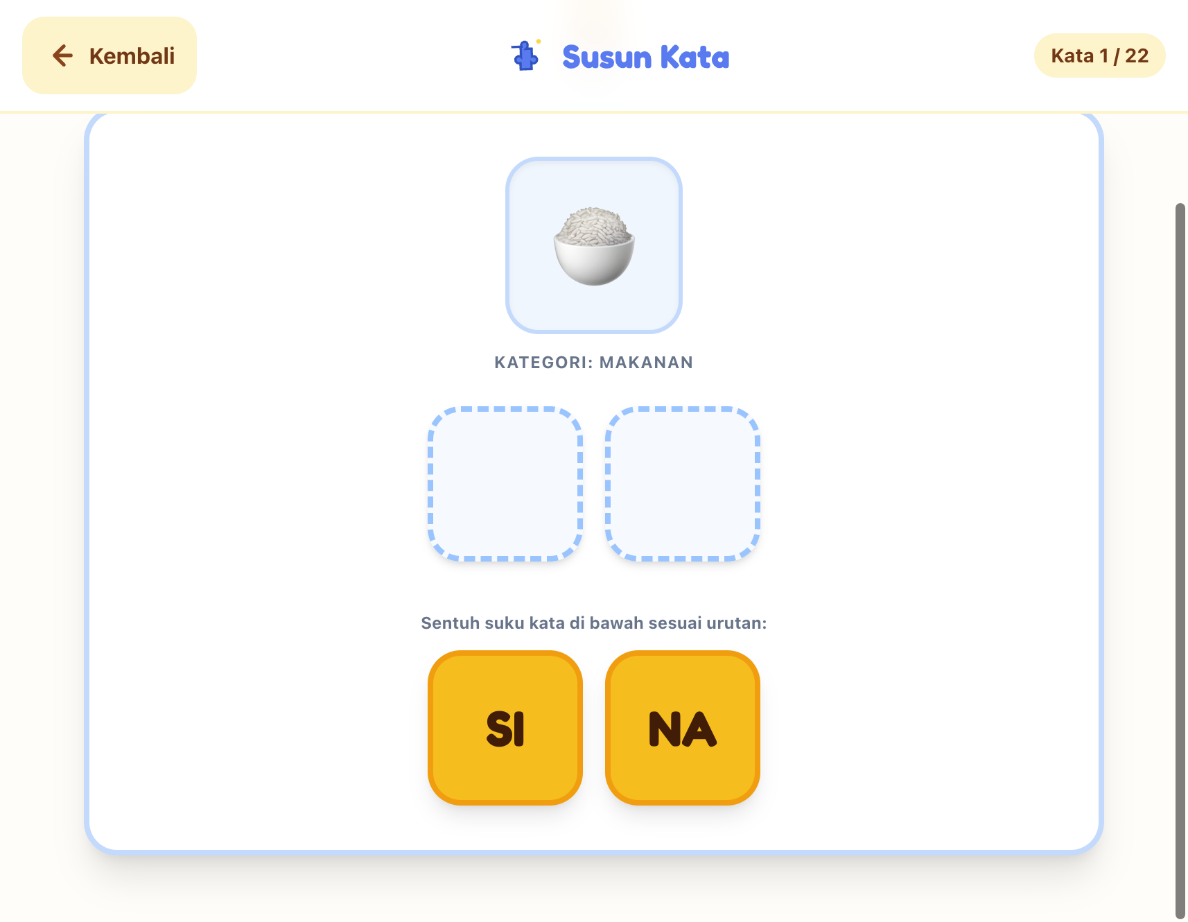 Permainan Susun Kata dengan pilihan suku kata